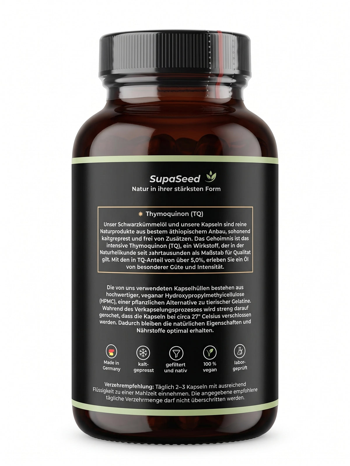 SupaSeed Schwarzkümmelöl-Kapseln – Rückseite mit Etikett und Verzehrempfehlung