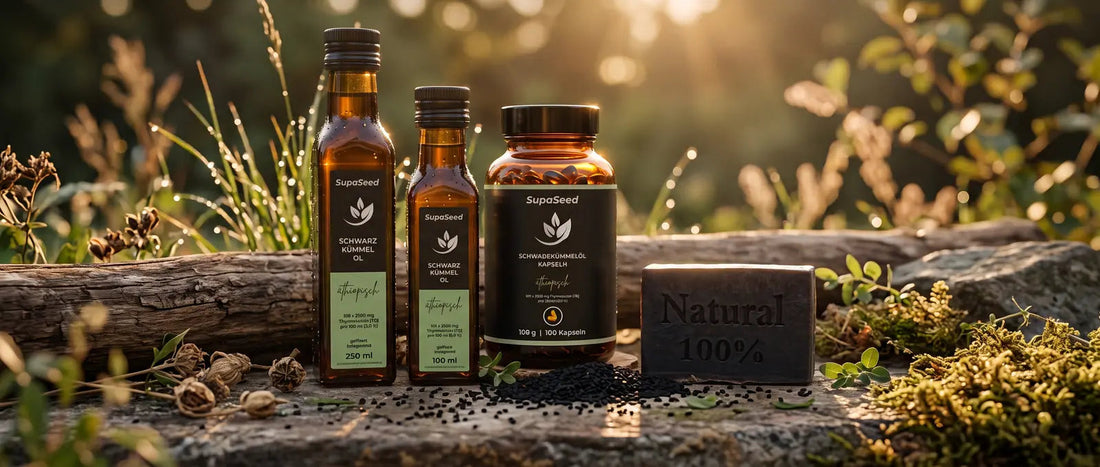 SupaSeed Schwarzkümmelöl und Kapseln in der Natur