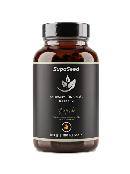 SupaSeed Schwarzkümmelöl-Kapseln äthiopisch, 180 Stück – Vorderseite